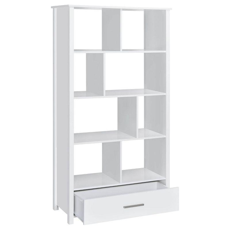 Coaster 68" Dylan 8 Shelf Bookcase with Storage Drawer White High Gloss : Laminated, Modern Design, Zinc Alloy Hardware