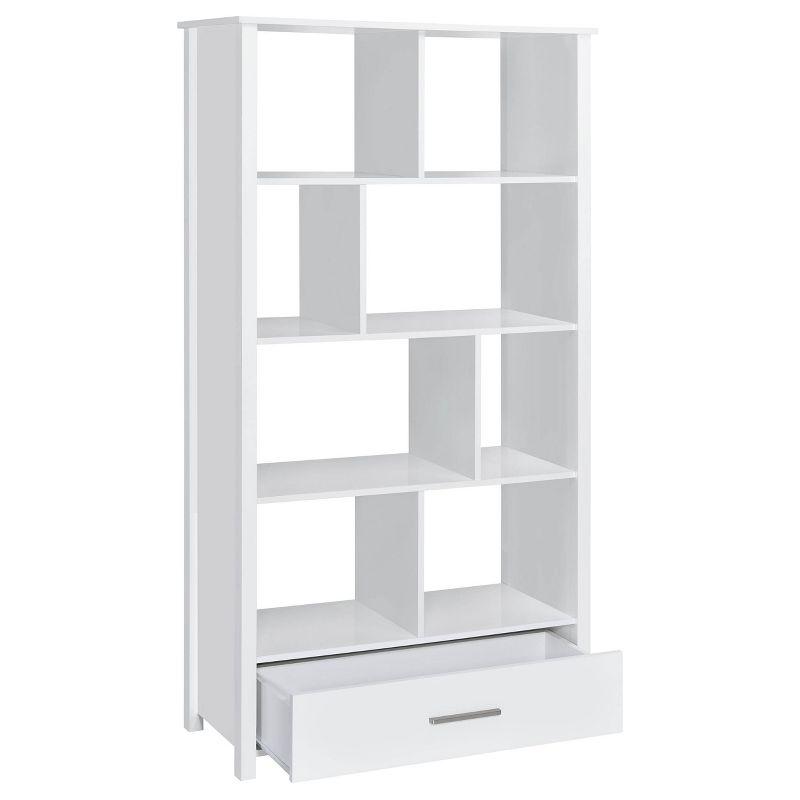 Contemporary White 8-Shelf Bookcase with Sleek Storage Drawer