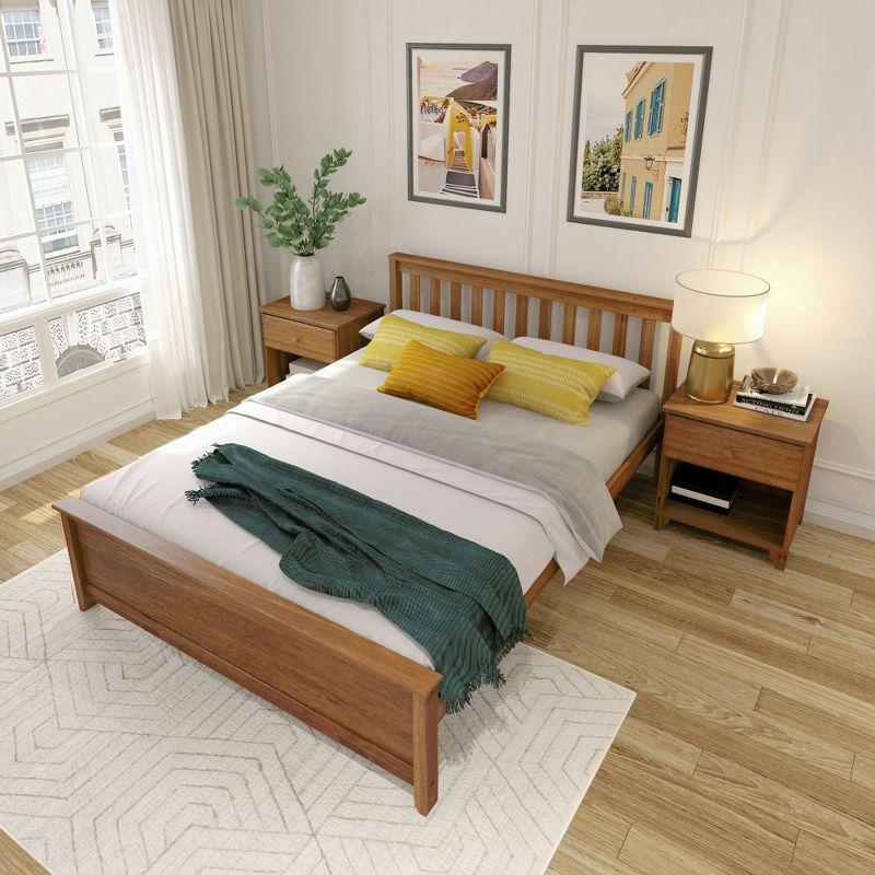 Plank+Beam Queen Bed Frame with Slatted Headboard Solid Wood Platform Bed, No box Spring Needed, Pecan