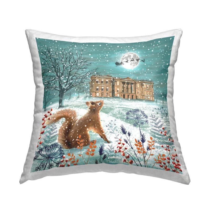 Squirrel Watching Santa Overhead Multicolor Polyester Square Pillow