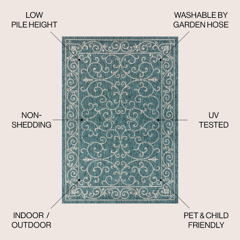 5' Square Charleston Vintage Filigree Textured Weave Indoor/Outdoor Area Rug, Teal/Gray - JONATHAN Y