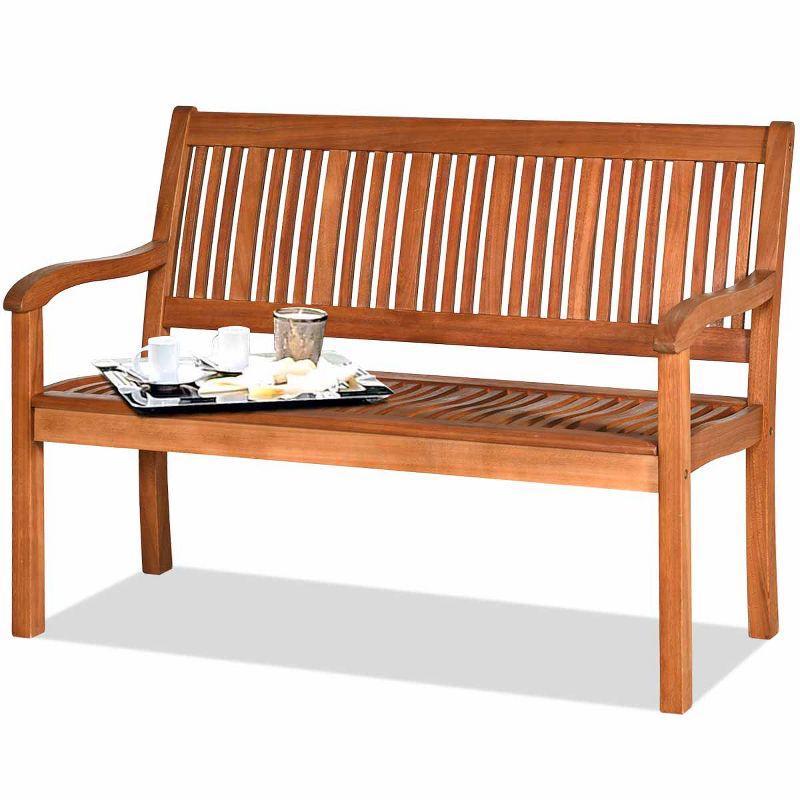 Tangkula Outdoor Eucalyptus Wood Park Bench Loveseat Chair with Armrest