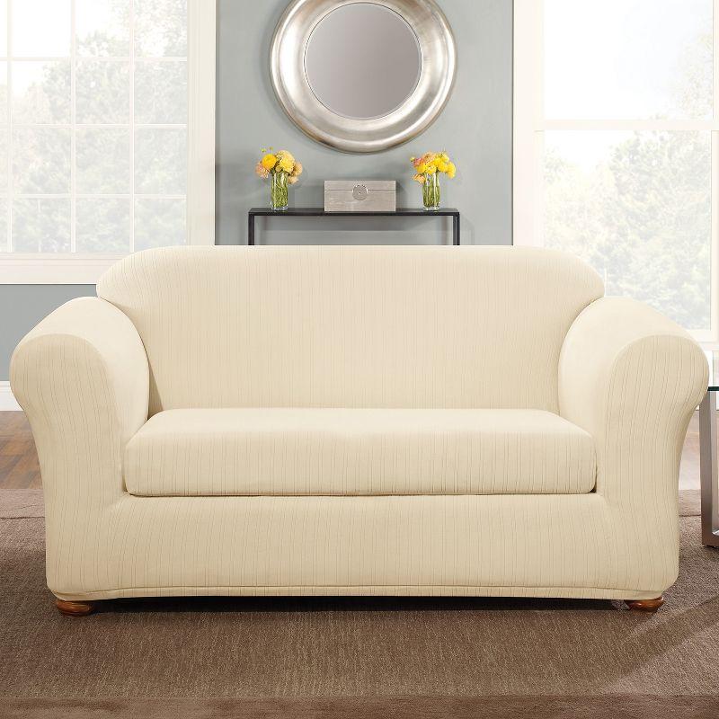 Modern Cream Stretch Pinstripe Loveseat Slipcover