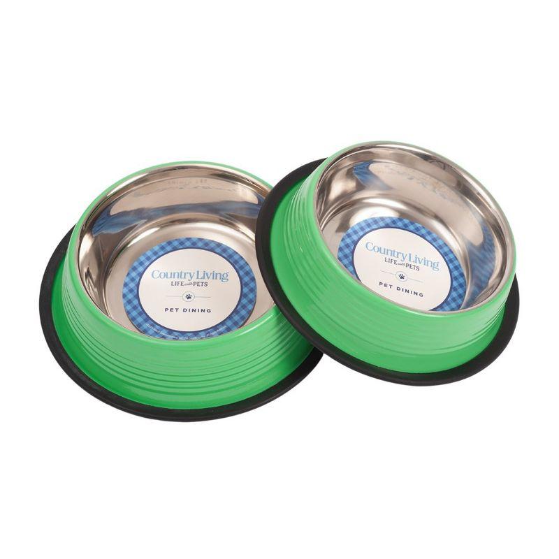 Country Living Set of 2 Ribbed No-Tip Non-Skid Pet Bowls - Durable & Safe for Dogs - Prevents Spills, Easy to Clean