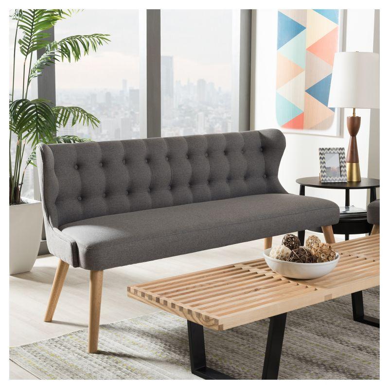 Melody Mid-Century Modern Fabric and Natural Wood Finishing 3 Seater Settee Bench Gray - Baxton Studio: Rubberwood Legs, Button-Tufted Back