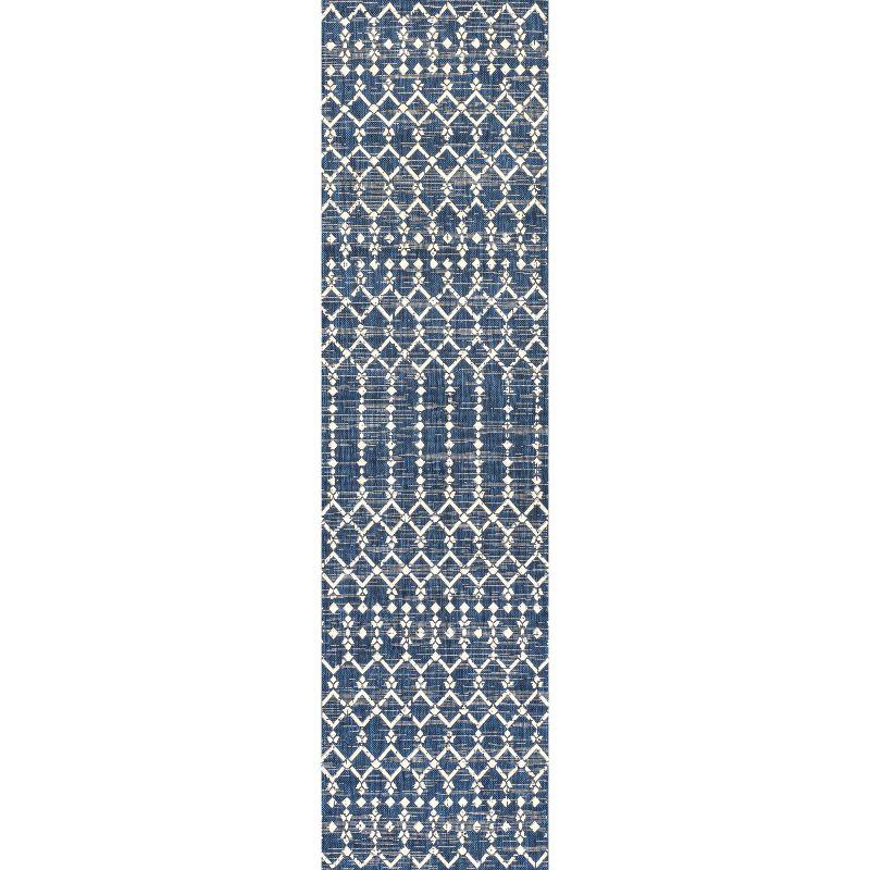 2' x 10' Ourika Moroccan Geometric Textured Weave Indoor/Outdoor Runner Rug, Navy/Beige - JONATHAN Y