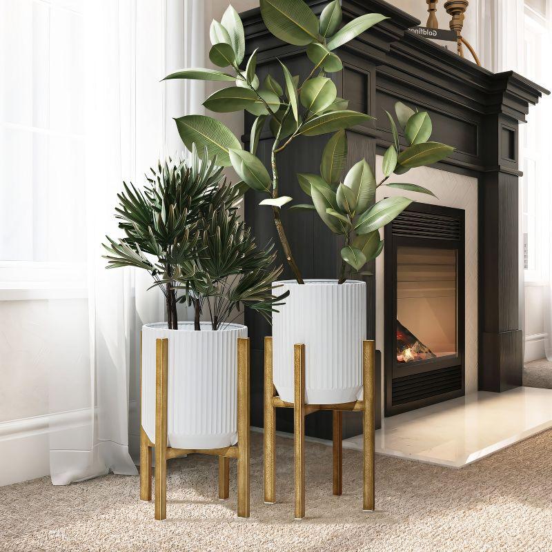 LuxenHome 2-Pc Textured Round White Metal Cachepot Planters with Gold Stands