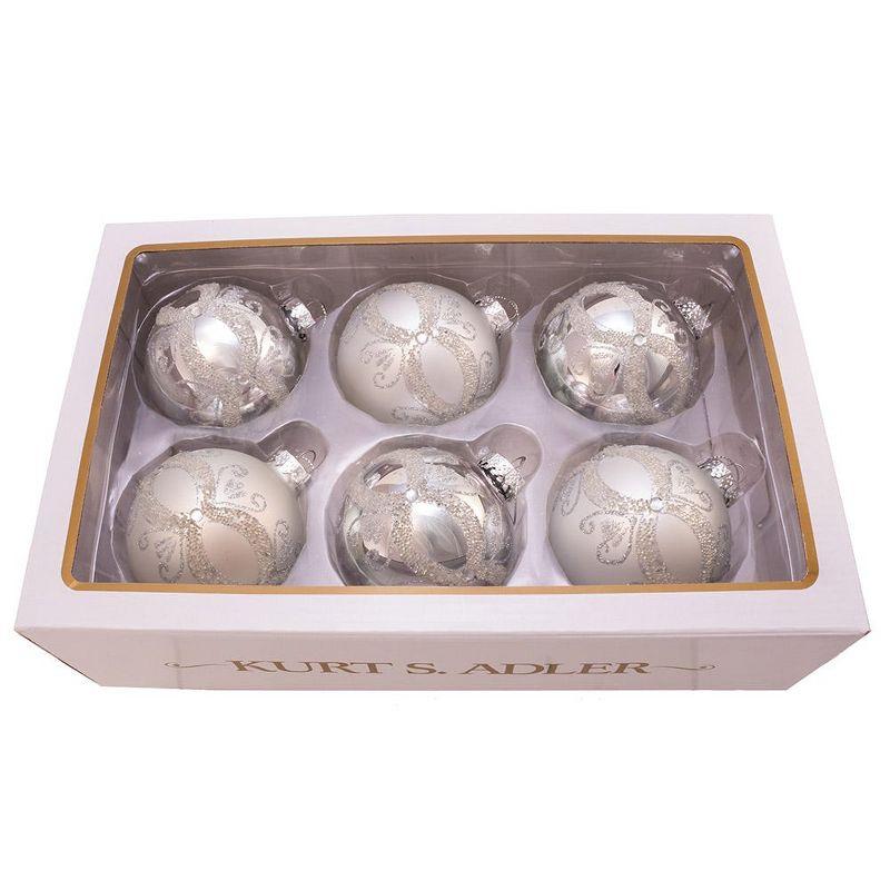 Kurt Adler 80MM Matte and Shiny Silver with Glitter Glass Ball Ornaments, 6 Piece Box