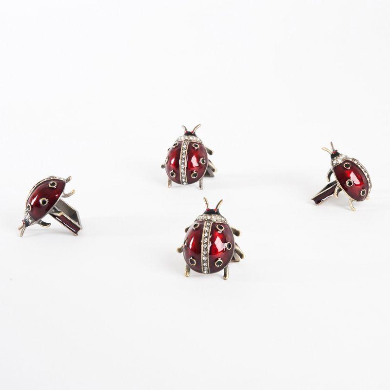 Red Jeweled Ladybug Pewter Napkin Rings, Set of 4