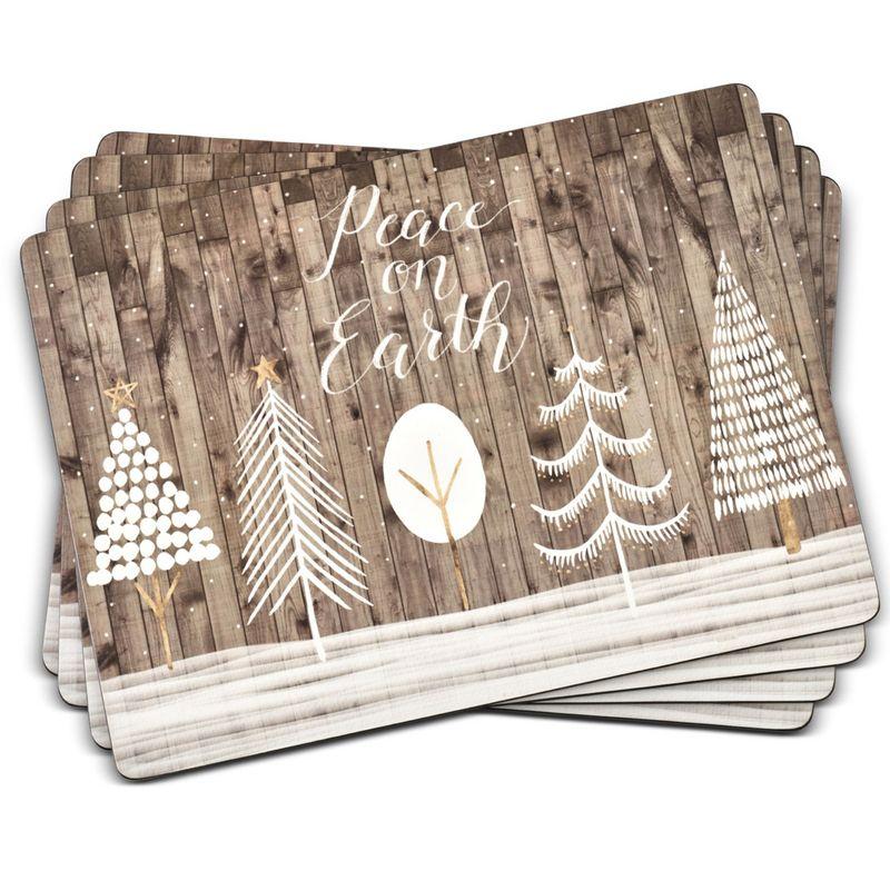 Pimpernel Wooden White Christmas Placemats (Set of 4), Cork-Backed, Heat-Resistant Table Mats, (15.7" x 11.7"), Festive Snowy Tree Design