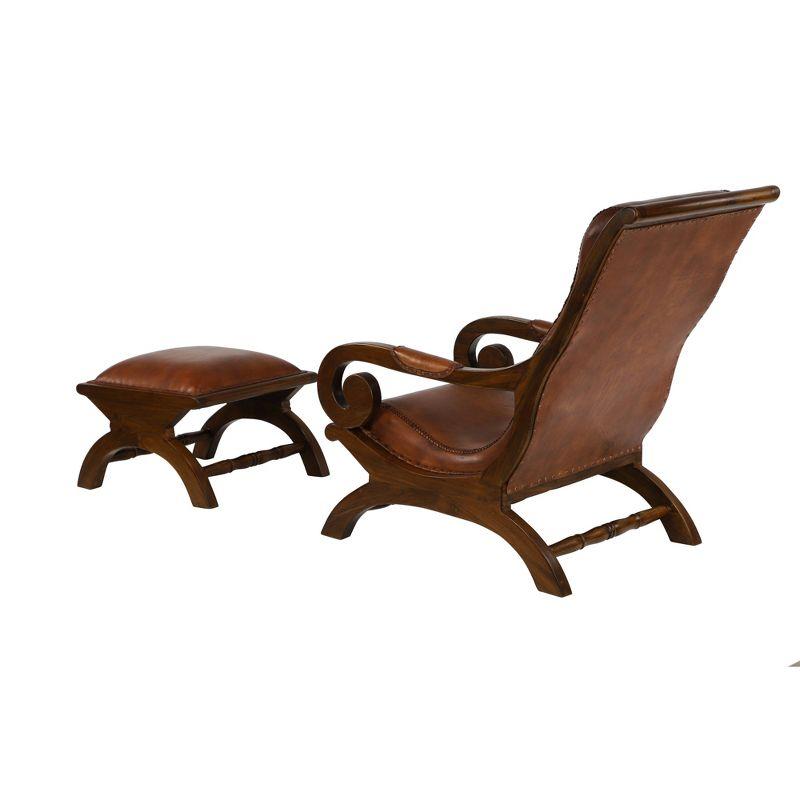 Traditional Teak Wood Accent Chair with Arms and Ottoman Brown - Olivia & May: Leather Upholstered, No Assembly Required