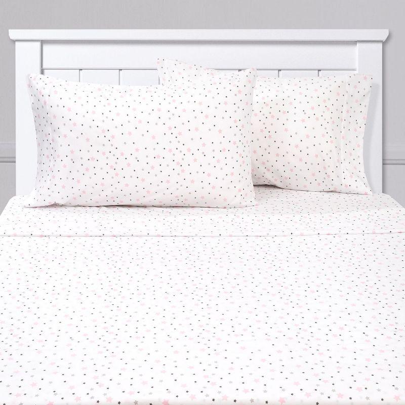 White and Pink Stars Microfiber Kids' Full Sheet Set