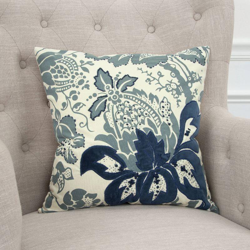 18"x18" Floral Poly Filled Square Throw Pillow Ivory/Assorted Blue - Rizzy Home: Cotton Canvas, Indoor Decorative Cushion