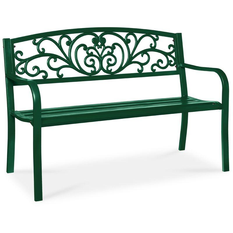 World Menagerie Outdoor Steel Bench with Floral Backrest & Slatted Seat, Marigold for Garden, Patio, Porch, Lawn, and Deck