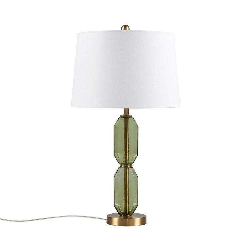 Green Faceted Glass Table Lamp with White Shade and Gold Base