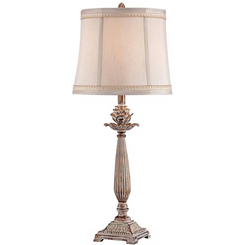 Antique White Washed Artichoke Font Table Lamp with Beige Shade