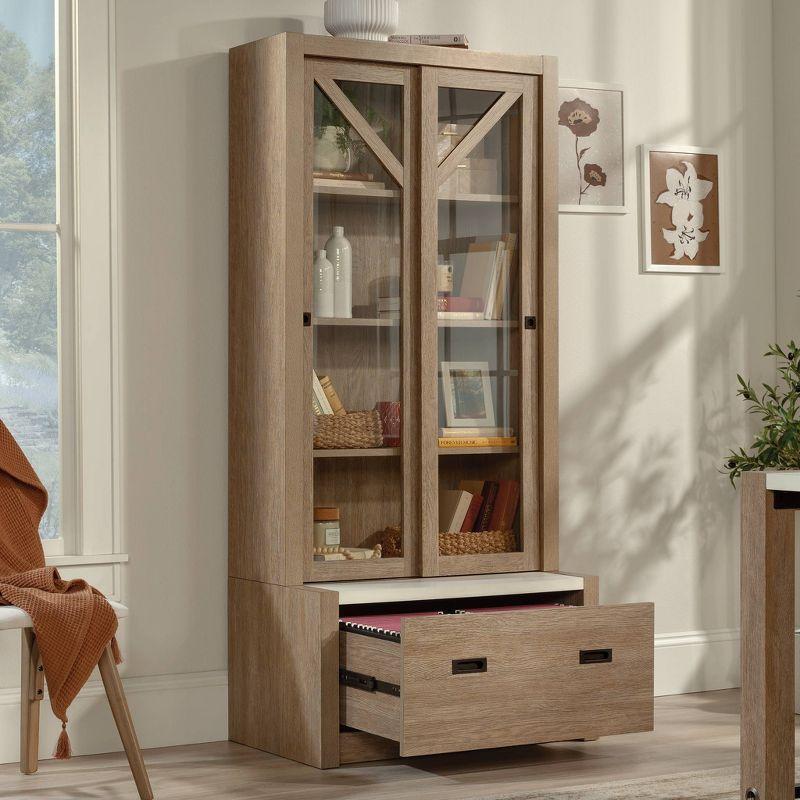 Pebbled White and Brushed Oak Adjustable Bookcase with Glass Doors