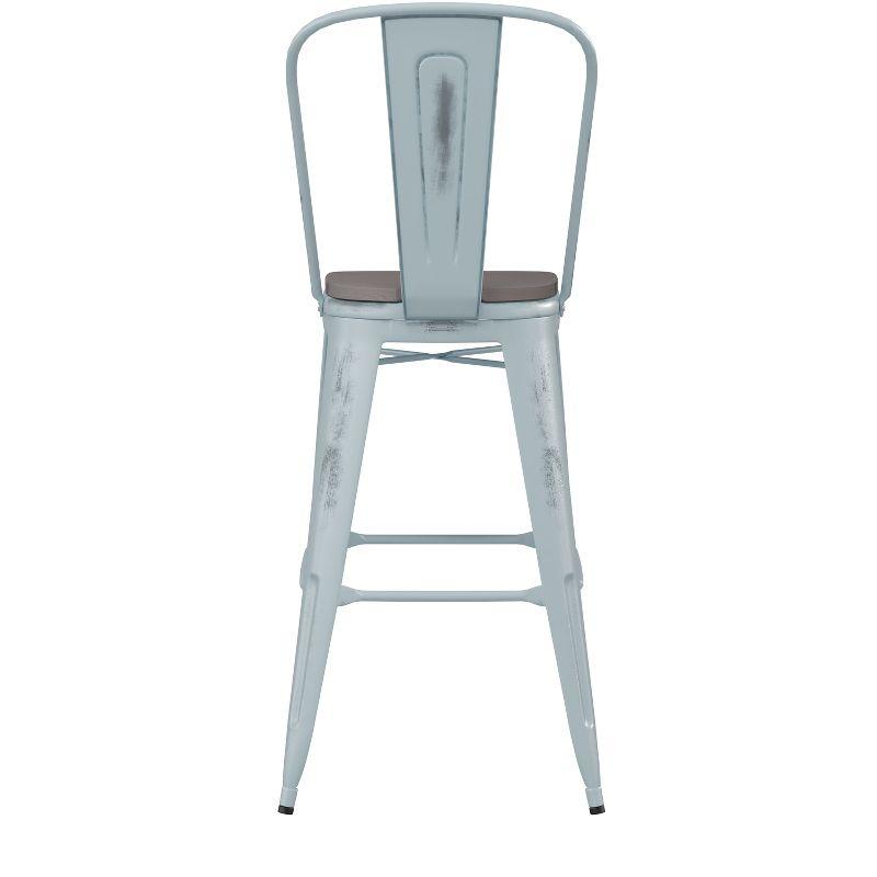 Flash Furniture Carly Commercial Grade 30" High Green-Blue Metal Indoor-Outdoor Barstool with Back with Gray Poly Resin Wood Seat