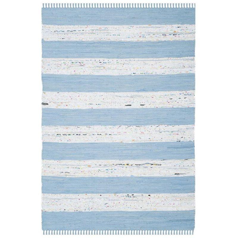 Ivory and Turquoise Striped Cotton 4' x 6' Handmade Rug