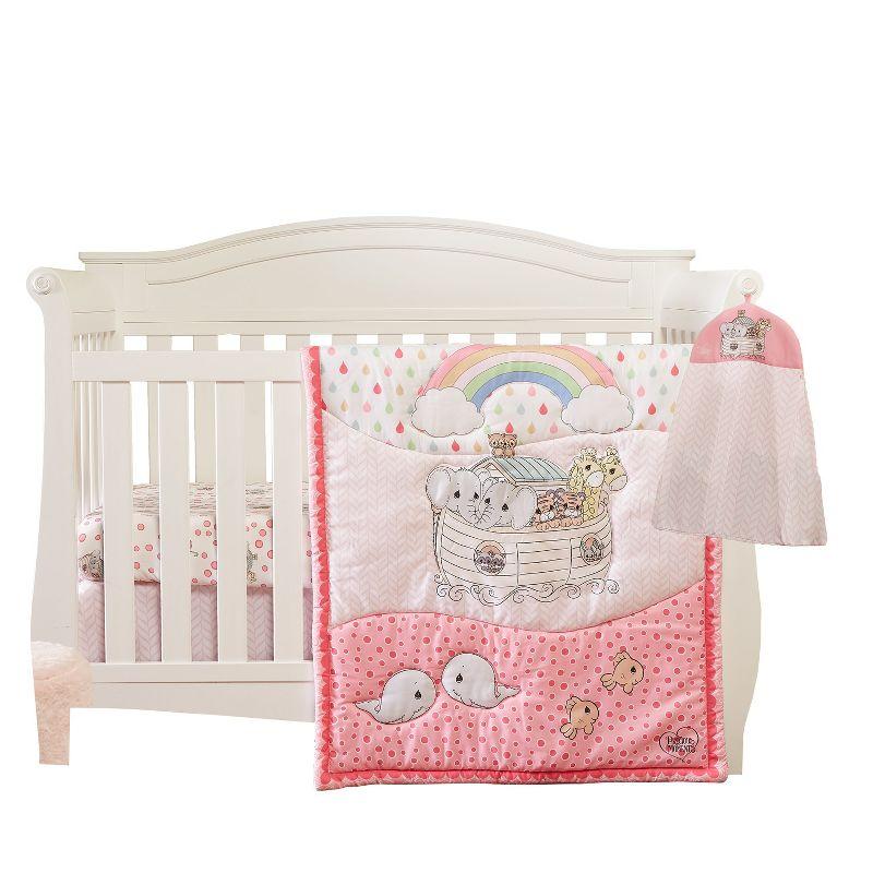 Everyday Kids Noah’s Ark 4-Piece Crib Bedding Set for Girls – Includes Quilt, Fitted Sheet, Dust Ruffle & Diaper Stacker with Animal Prints