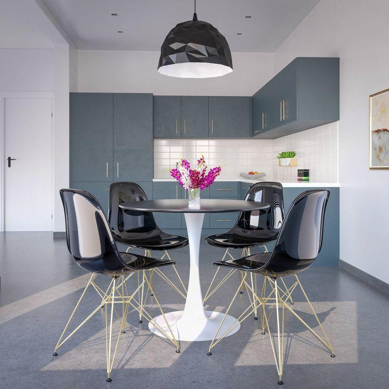 LeisureMod 5-Piece Dining Set with 35" Round Dining Table in White Iron Pedestal Base and 4 ABS Plastic Side Chair with Gold Base, Transparent Black