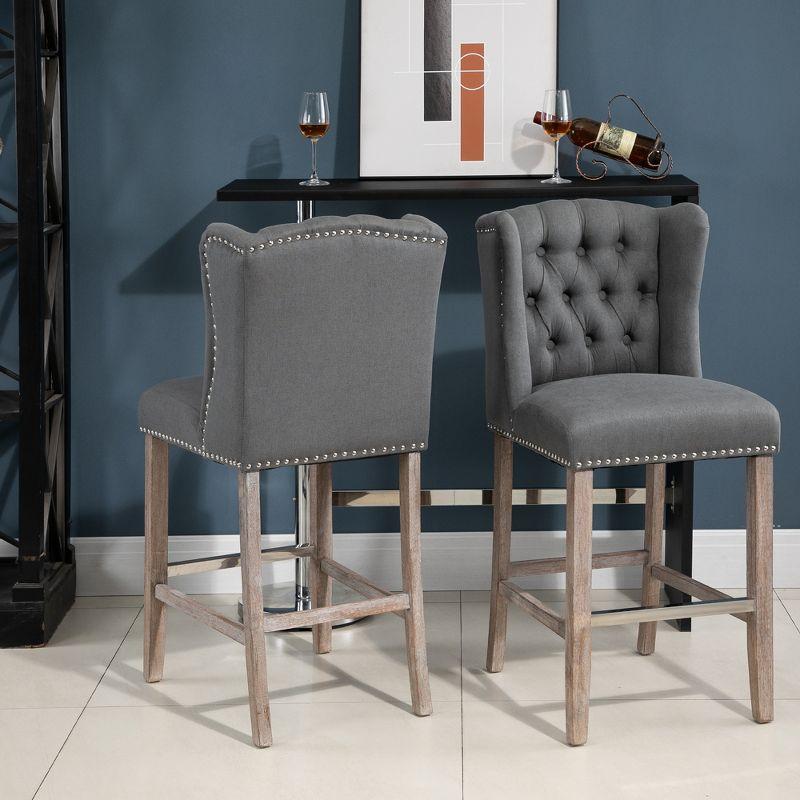 HOMCOM Counter Height Bar Stools Set of 2, Upholstered 26.75" Seat Height Barstools, Breakfast Chairs with Nailhead-Trim & Tufted Back, Wood Legs