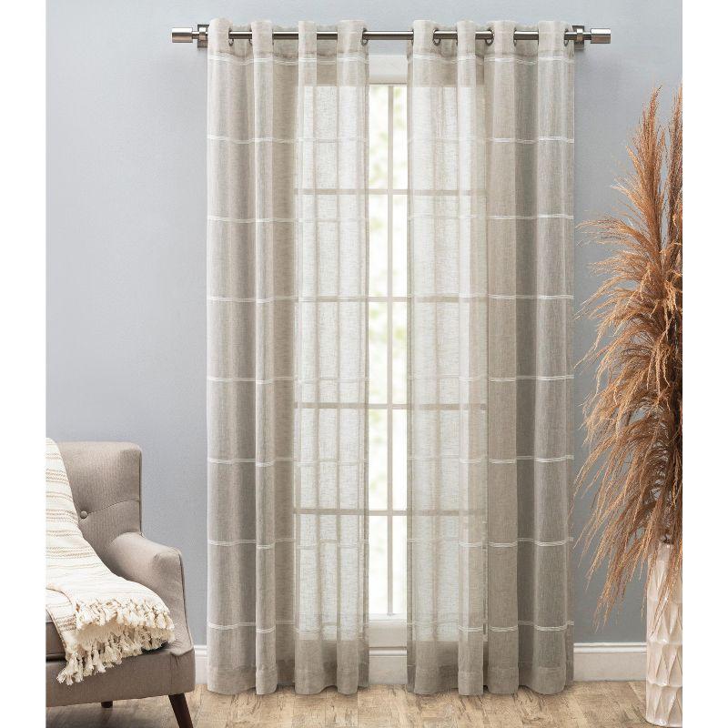 Natural Sheer Linen Grommet Curtain Panel with Stripes