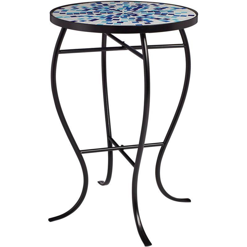 Teal Island Designs Modern Black Round Outdoor Accent Side Table 14" Wide Multi Blue Mosaic Tabletop for Front Porch Patio House Balcony