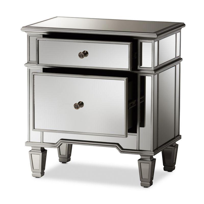 Sussie Hollywood Regency Glamour Style Mirrored 2 - Drawer Nightstand - Baxton Studio: Bronze Hardware, Beveled Top