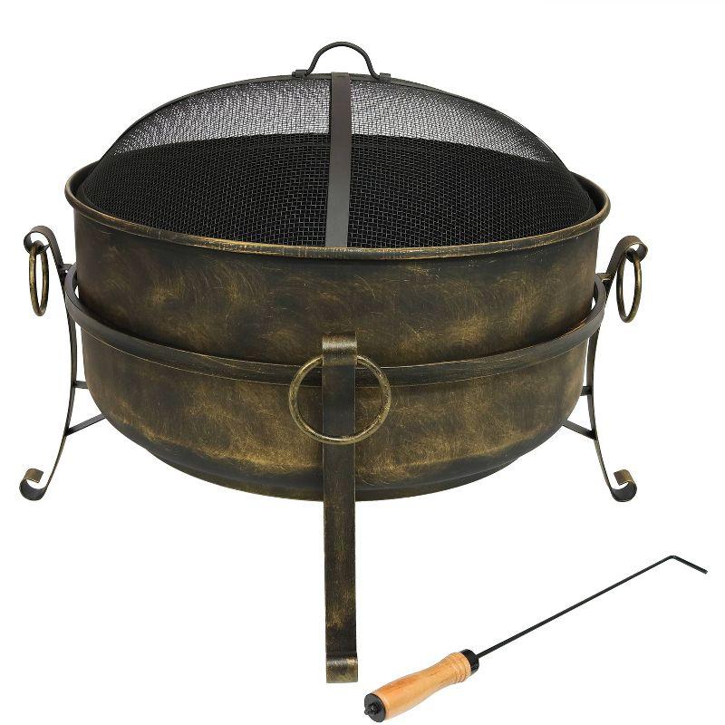 Sunnydaze Outdoor Camping or Backyard Round Cauldron Fire Pit with Spark Screen, Log Poker, and Metal Wood Grate - 24"