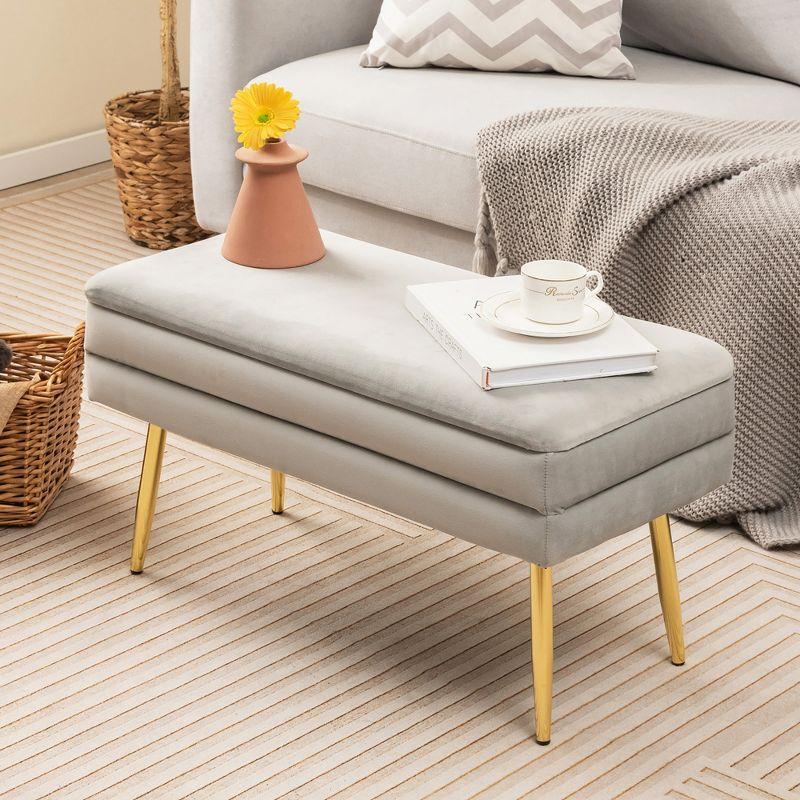 Grey Velvet Upholstered Storage Bench with Gold Metal Legs