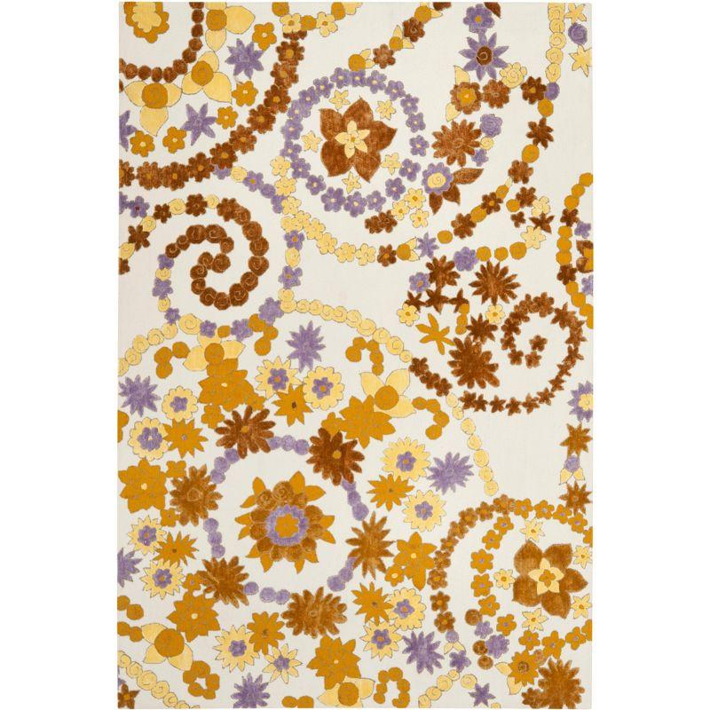 Ivory and Brown Hand-Knotted Floral Wool Rug, 4' x 6'