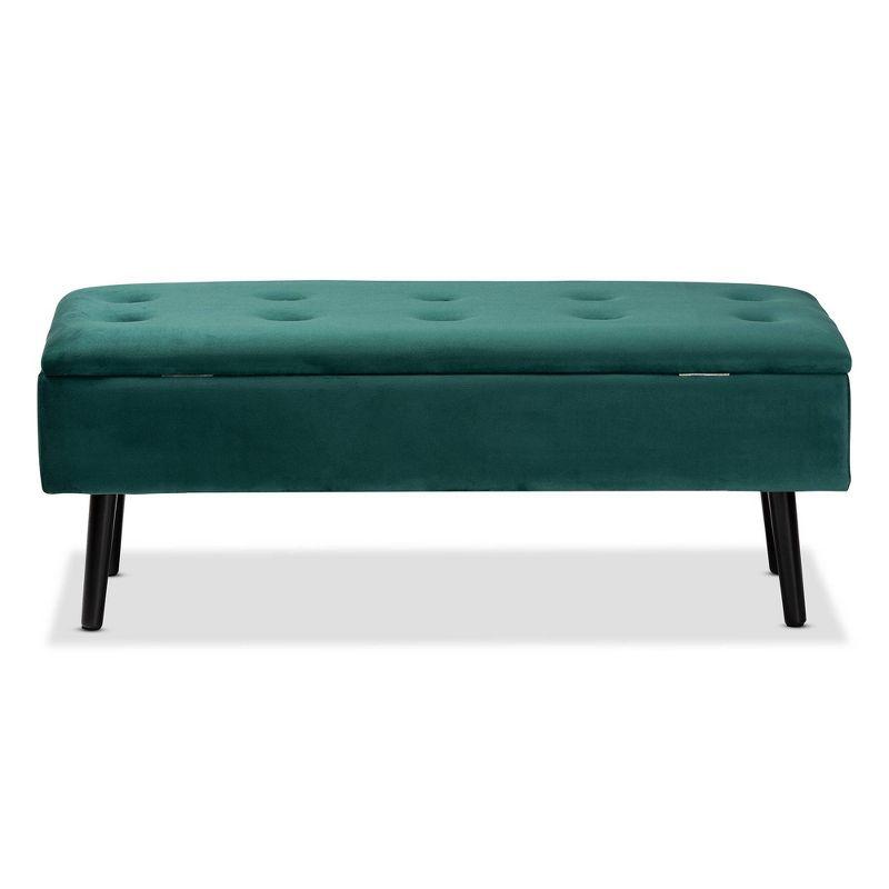 Caine Green Velvet Upholstered Storage Bench with Dark Wood Legs