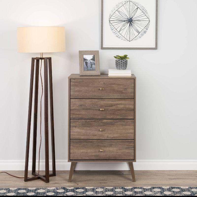 Mid-Century Modern 4 Drawer Chest Drifted Gray - Prepac: Sleek Bedroom Storage, Brass Knobs