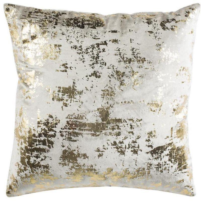 Contemporary Beige and Gold Cotton-Blend Metallic Square Pillow