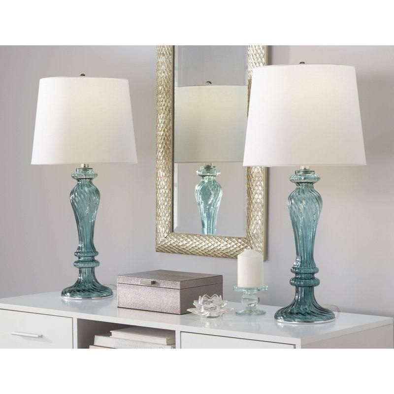 Set of 2 Smokey Turquoise Glass Table Lamps with White Linen Shades