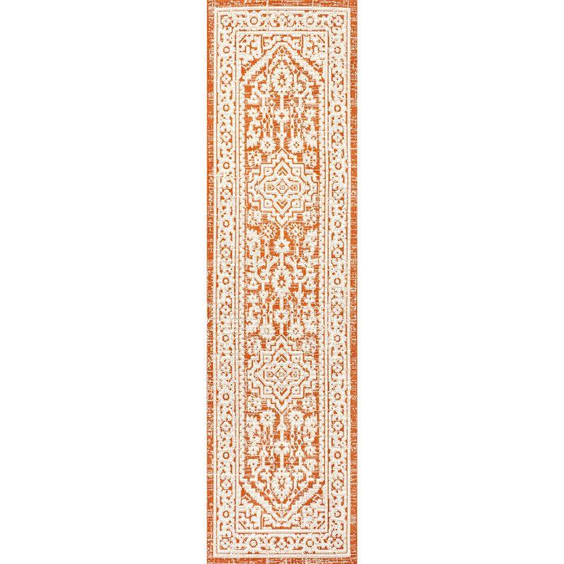 2' x 8' Sinjuri Medallion Textured Weave Indoor/Outdoor Runner Rug, Orange/Cream - JONATHAN Y