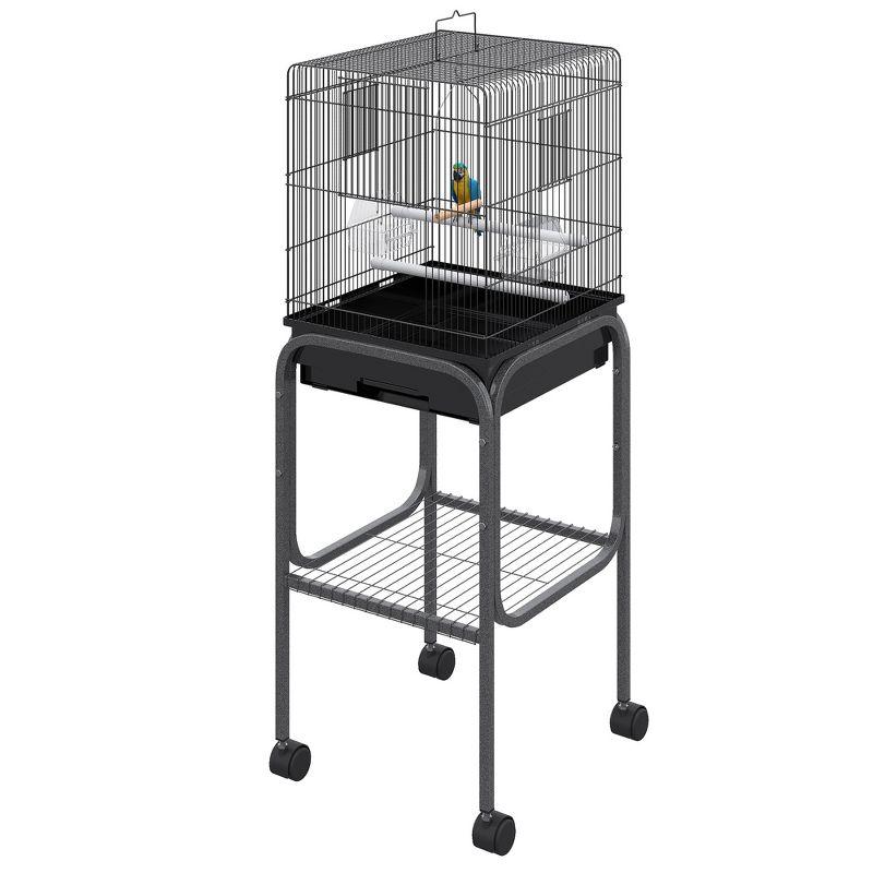 PawHut 44.5" Metal Indoor Bird Cage Starter Kit With Detachable Rolling Stand, Storage Basket, And Accessories - Black