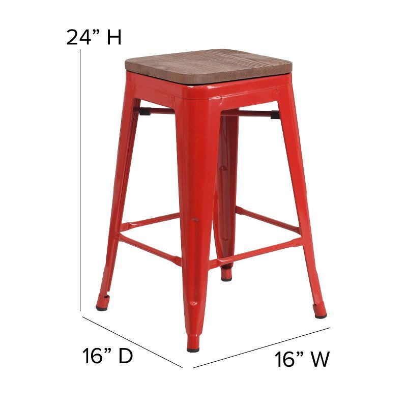 24" Red Metal & Brown Wood Backless Counter Stool