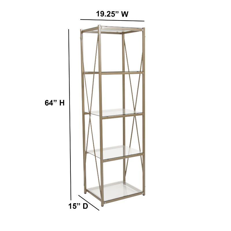 Merrick Lane 64" Modern Bookshelf Glass 4-Shelf Bookcase with Powder Coated Matte Gold Cross Braced Frame