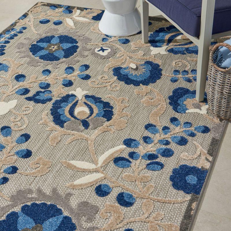 Nourison Aloha Floral Textured Flatweave High-Low Indoor Outdoor Area Rug Natural/Blue 6' x 9'