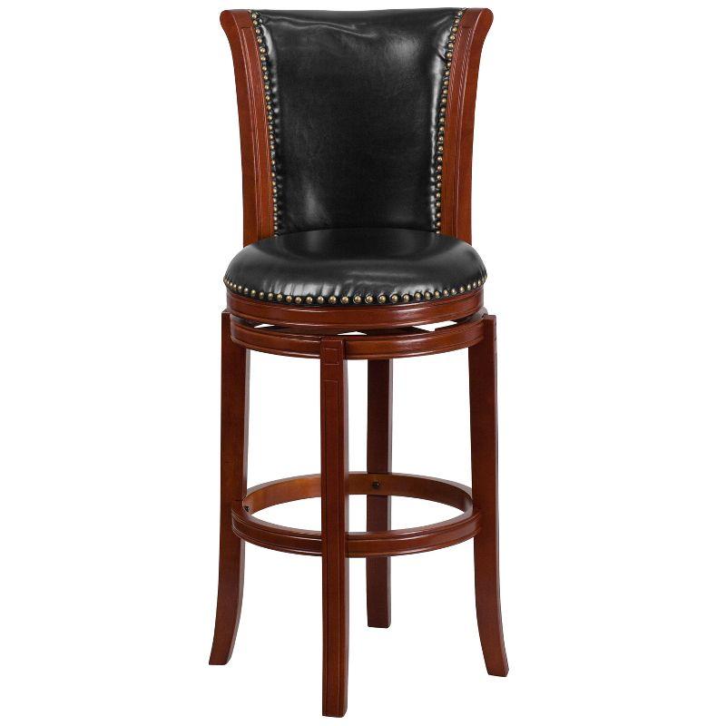 Merrick Lane 30" Dark Chestnut Wooden Bar Stool with Black Faux Leather Upholstered Swivel Seat and Brass Nail Head Trim