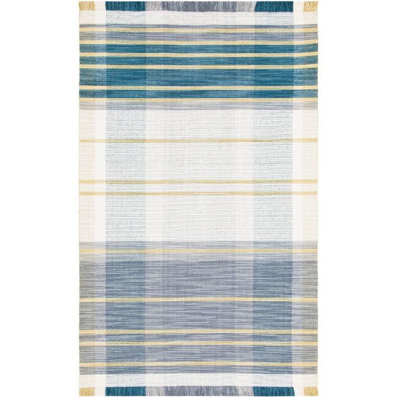 Handmade Black and Teal Striped Wool 4' x 6' Area Rug