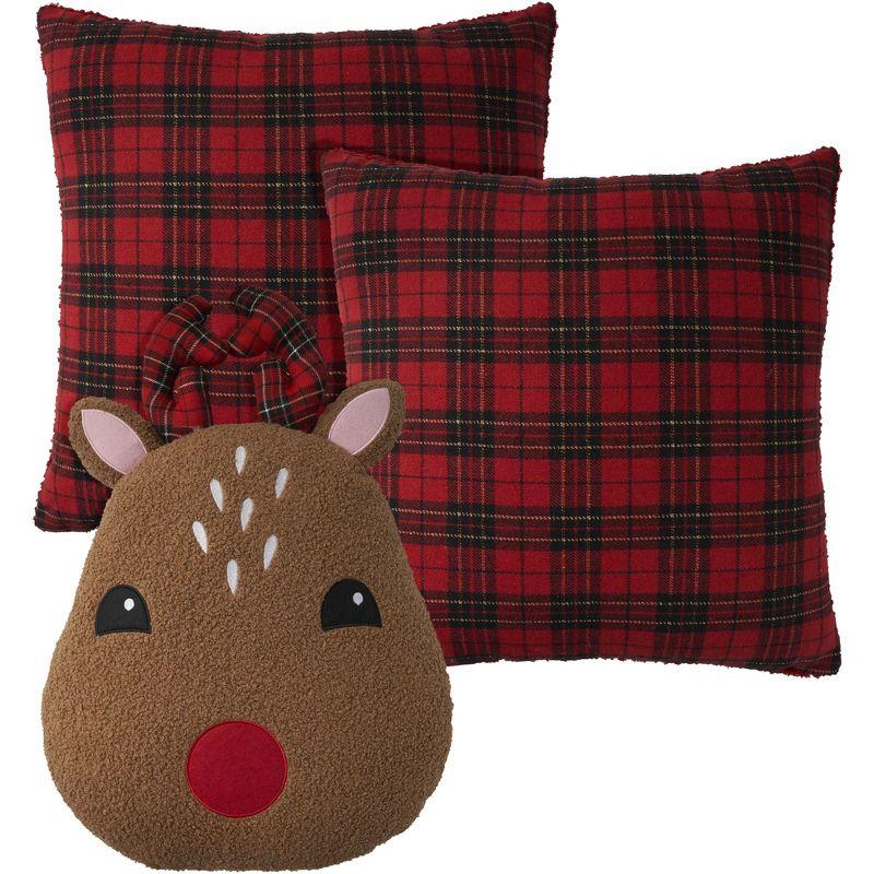 Holiday Plaid Red and Brown Faux Shearling Reindeer Pillow Set