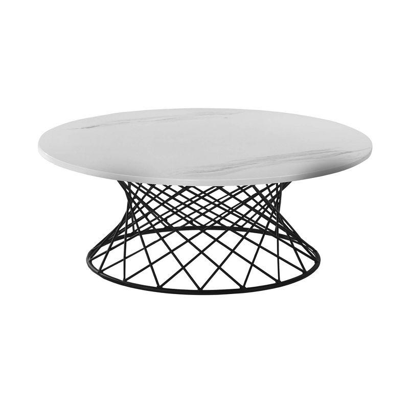 Loxley 36" Round White Marble Coffee Table with Black Metal Base