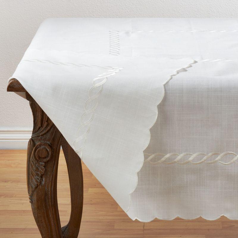 White Embroidered Braid Design Linen-Blend Tablecloth