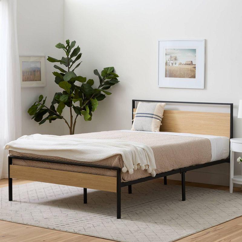 King Natural Wood and Upholstered Platform Bed with Headboard