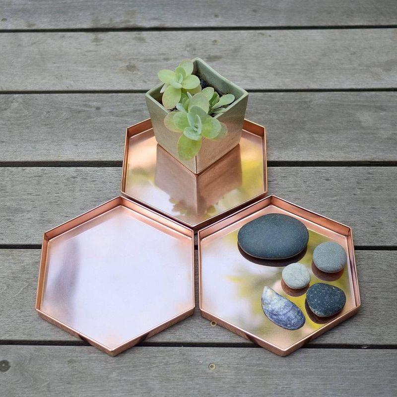 9" 3pc Decorative Hexagonal Stainless Steel Trays Copper Plated Finish - ACHLA Designs: Handmade, Rolled Edges, Indoor/Outdoor Use