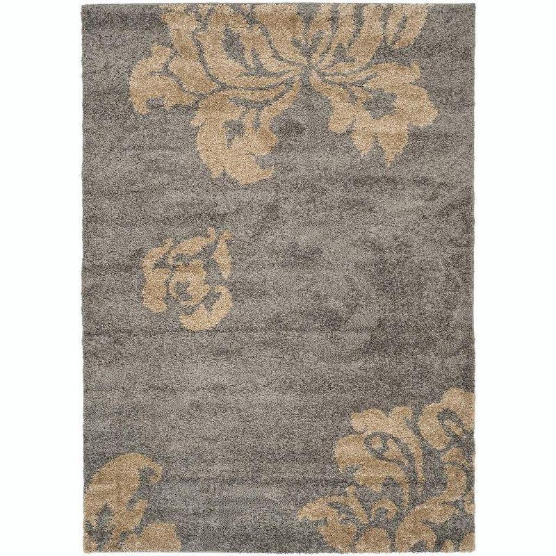 59" Grey and Beige Floral Shag Area Rug