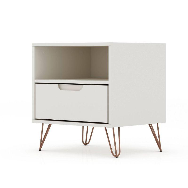 Set of 2 Rockefeller 1 Drawer Nightstands Off White - Manhattan Comfort: Mid-century Design, Metal Legs, Concealed Storage